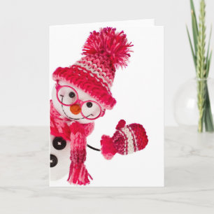 Happy Snowman Spectacled In Knitted Pink Hat Holiday Card