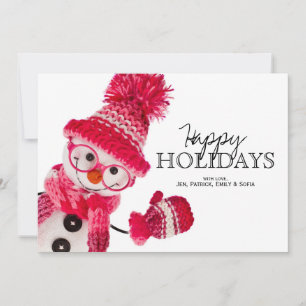 Happy Snowman Spectacled In Knitted Pink Hat Holiday Card