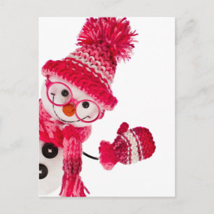 Happy Snowman Spectacled In Knitted Pink Hat Postcard
