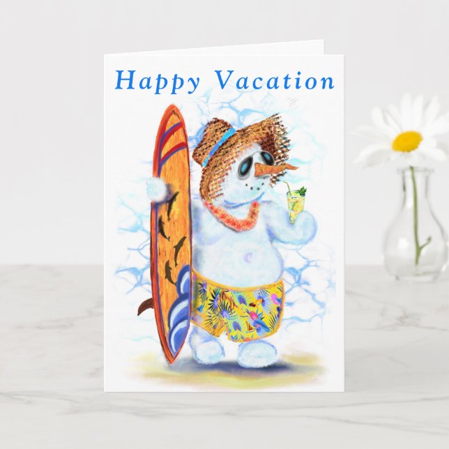 Happy Snowman Surfer Summer Vacation Card (Small Plant)