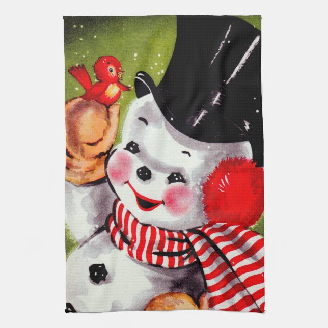 Happy Snowman Vintage Tea Towel (Vertical)