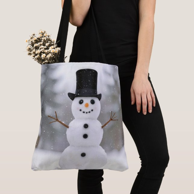 Happy Snowman Wearing a Top Hat Tote Bag (Close Up)