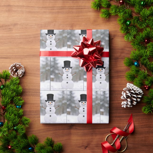 Happy Snowman Wearing a Top Hat Wrapping Paper (Holiday Gift)