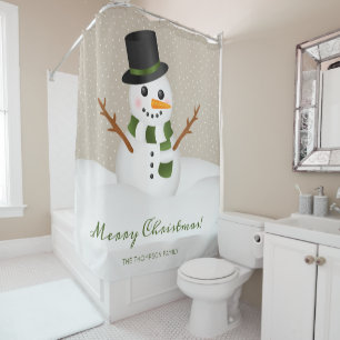 Happy Snowman With A Hat & Custom Name Christmas Shower Curtain