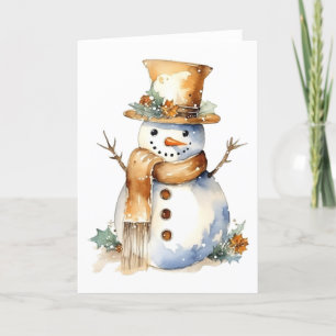 Happy Snowman with Gold Accents BLANK  Holiday Card