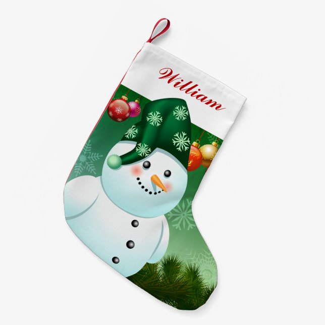 Happy Snowman With Green Hat Small Christmas Stocking (Front (Hanging))