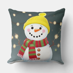 Happy Snowman with Sparklers and Santa Hat Cushion