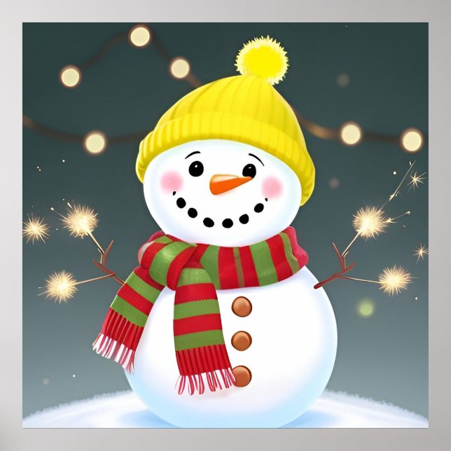 Happy Snowman with Sparklers and Santa Hat Poster (Front)