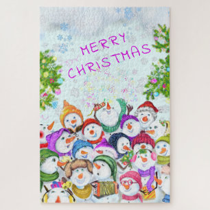 Happy Snowmans Merry Christmas Celebration Fun Jigsaw Puzzle