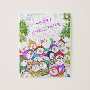 Happy Snowmans Merry Christmas Celebration Jigsaw Puzzle