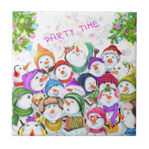Happy Snowmans Merry Christmas Party Funny Drawing Ceramic Tile