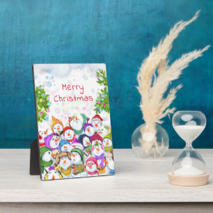 Happy Snowmans Merry Christmas Party Funny Drawing Plaque