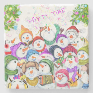 Happy Snowmans Merry Christmas Party Funny Drawing Stone Coaster