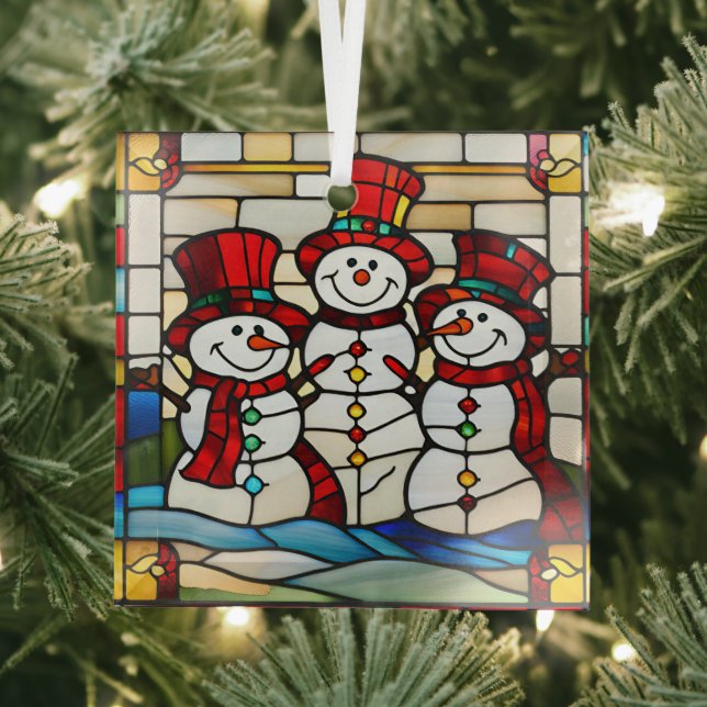 Happy Snowmen Glass Tree Decoration (Insitu)