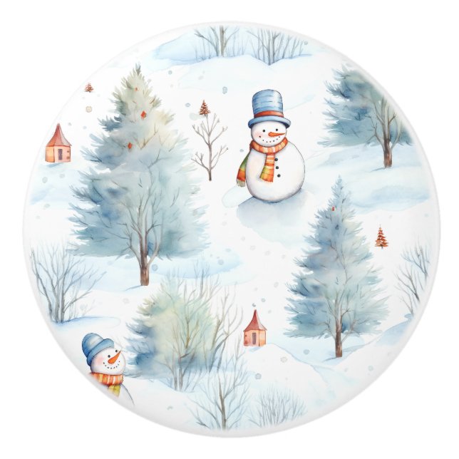 Happy Snowmen Pattern Ceramic Knob (Front)