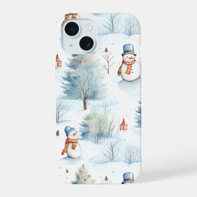 Happy Snowmen Pattern iPhone 15 Case (Back)