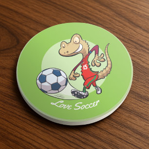 Happy Soccer Star Gecko Kicking Football Cartoon Coaster