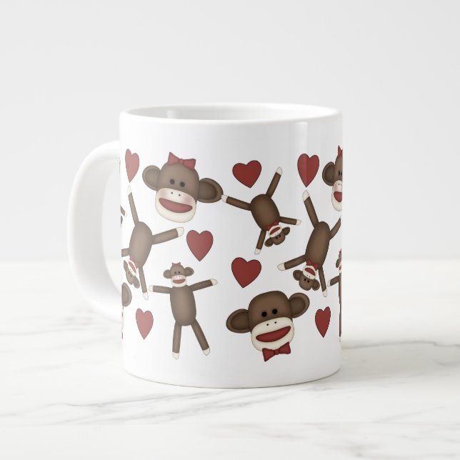 Happy Sock Monkeys and Hearts Tees, Gifts Large Coffee Mug (Front Left)