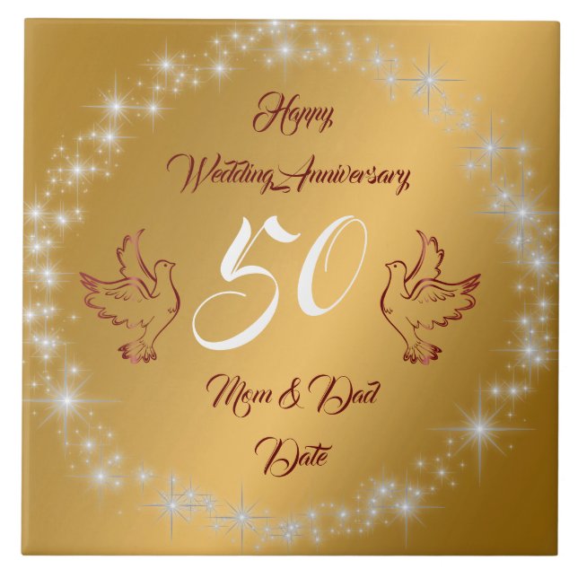 Happy Sparkly Customise Gold 50th Anniversary Ceramic Tile (Front)