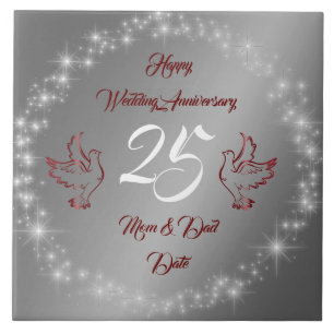 Happy Sparkly Customise Silver 25th Anniversary Ceramic Tile