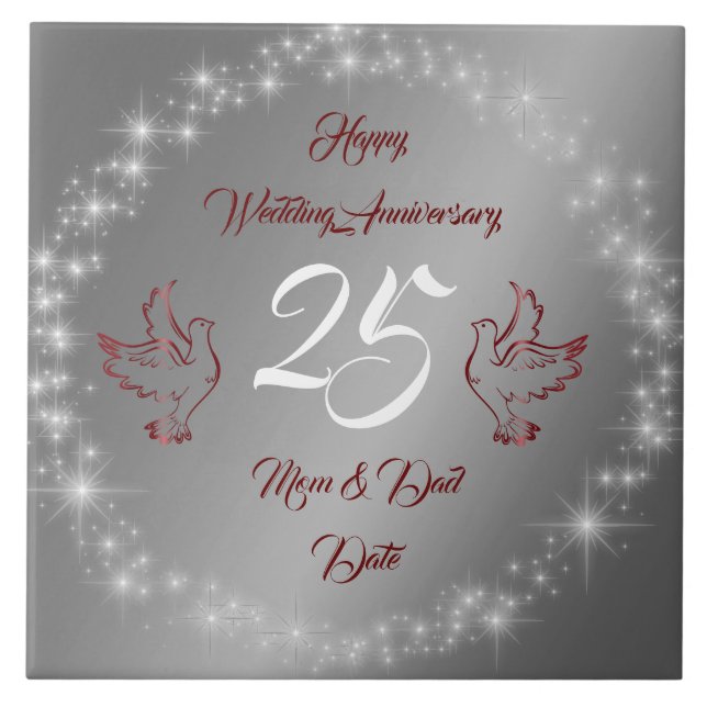 Happy Sparkly Customise Silver 25th Anniversary Ceramic Tile (Front)