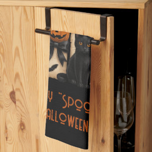 Happy "Spooky" Halloween Ghost Black Cat Tea Towel