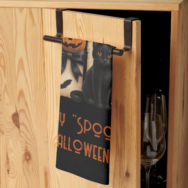Happy "Spooky" Halloween Ghost Black Cat Tea Towel (Thirds Fold)