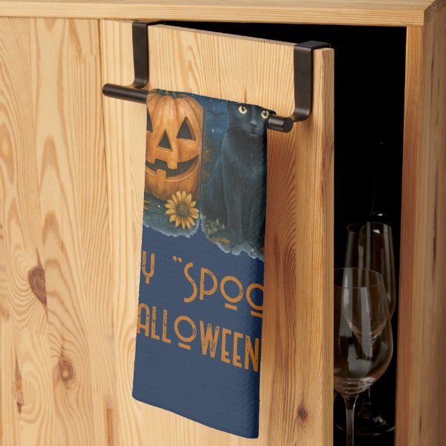 Happy "Spooky" Halloween Pumpkin Ghost Black Cat Tea Towel (Thirds Fold)