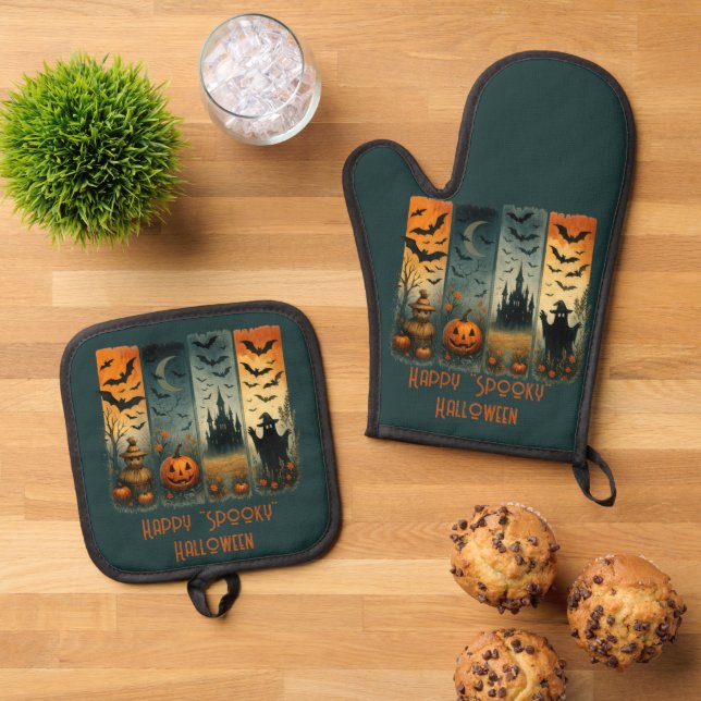 Happy "Spooky" Halloween Pumpkin Scarecrow Bats Oven Mitt & Pot Holder Set (Top Down)