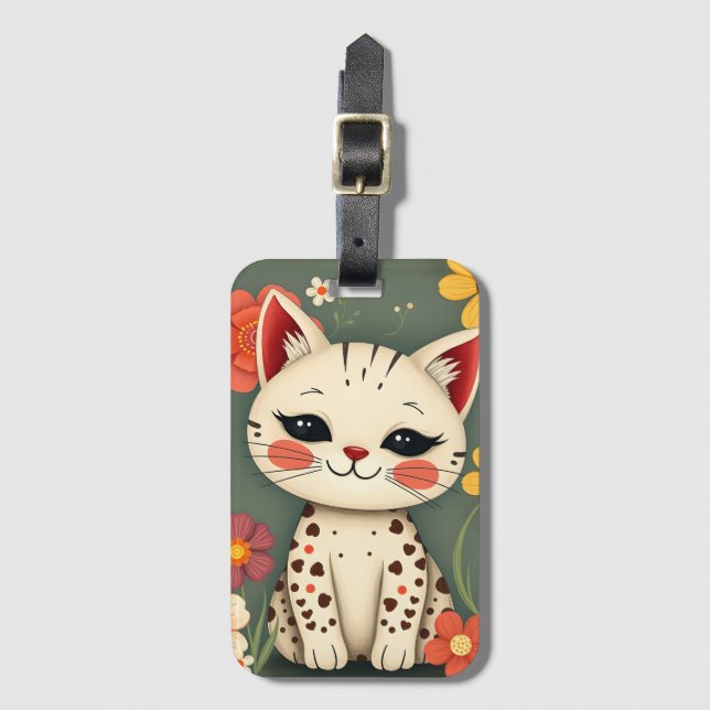 Happy Spotted Kitty with Flowers Luggage Tag (Front Vertical)