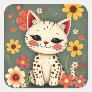 Happy Spotted Kitty with Flowers Square Sticker