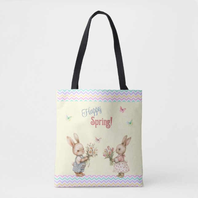 Happy Spring! Boy & Girl Bunny Rabbit With Flowers Tote Bag (Front)