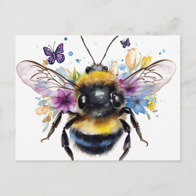 Happy Spring Bumble Bee and Butterflies Postcard (Front)