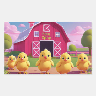 Happy Spring Chicks in Barnyard Rectangular Sticker