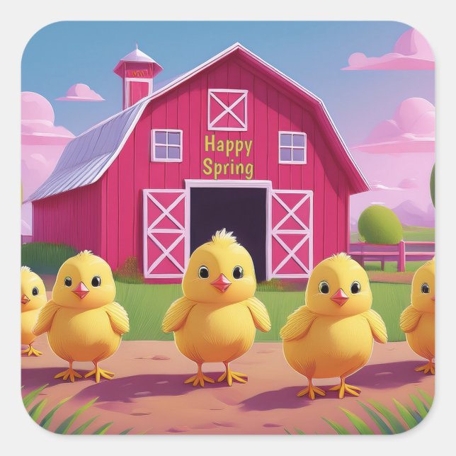 Happy Spring Chicks in Barnyard Square Sticker (Front)