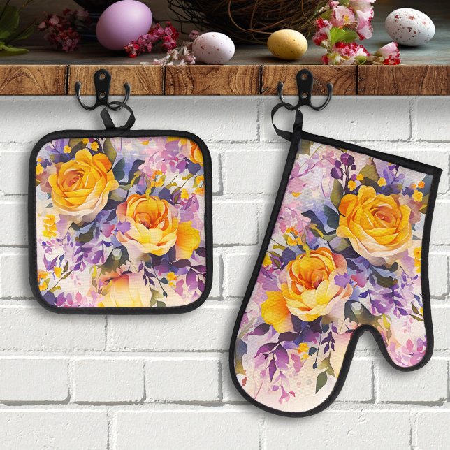 Happy Spring Colourful Painted Flowers Oven Mitt & Pot Holder Set (Oven mitt and pot holder set featuring an illustration of colorful roses and spring flowers)