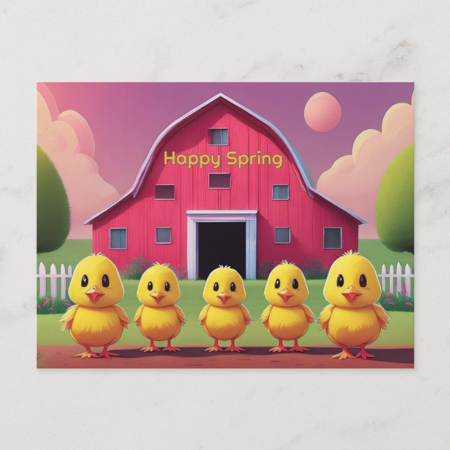 Happy Spring Five Yellow Chicks in Barnyard Postcard (Front)