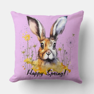 Happy Spring Floral Bunny with Yellow Dandelions Cushion