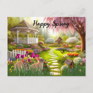 Happy Spring Flower Garden Landscape  Holiday Postcard