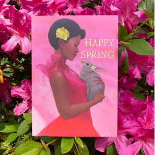 "Happy Spring Lady with Rabbit." Greeting Card