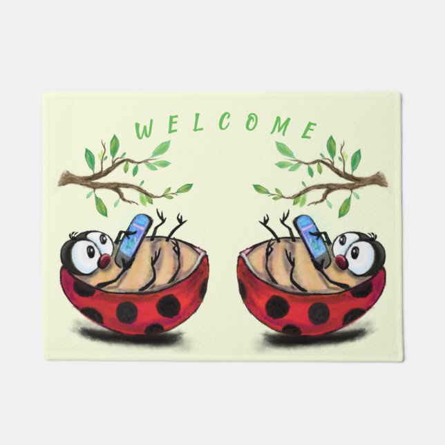 Happy Spring Ladybugs Funny Doormat Welcome (Front)