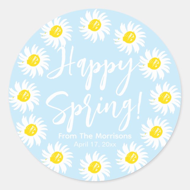 Happy Spring pale blue daisies frame custom script Classic Round Sticker (Front)