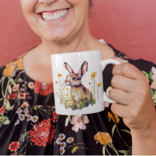 Happy Spring Watercolor Rabbit Yellow Flowers Mug