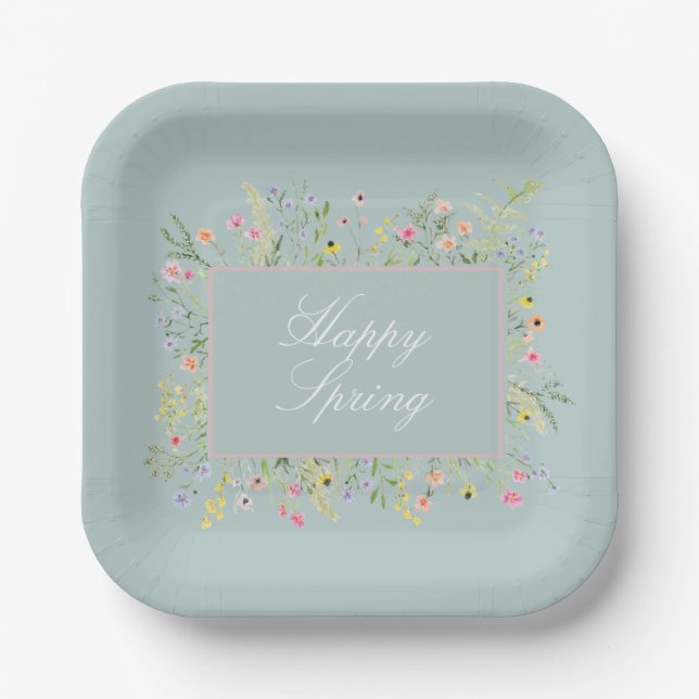 Happy Spring Watercolor Wildflower  Paper Plate (Front)