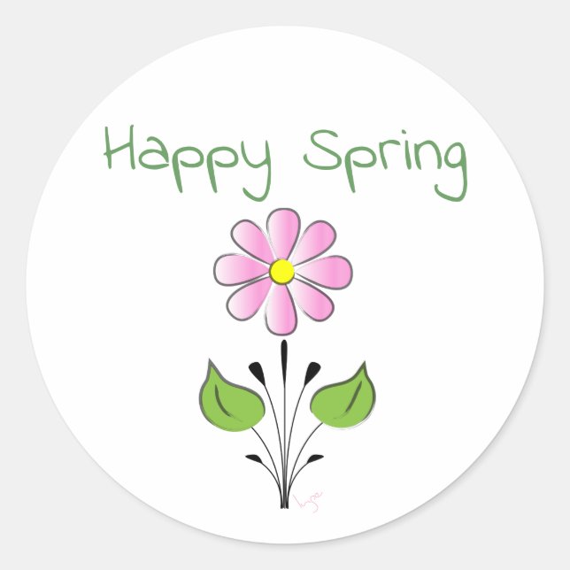 Happy Spring with Pink Flower Cute Classic Round Sticker (Front)