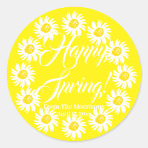 Happy Spring yellow daisy custom script cheerful Classic Round Sticker