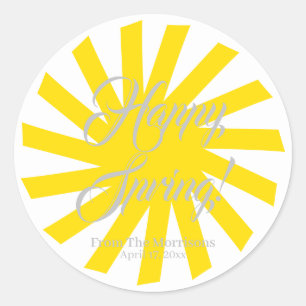 Happy Spring yellow sun custom script cheerful Classic Round Sticker