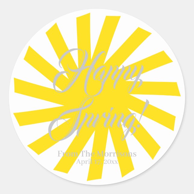 Happy Spring yellow sun custom script cheerful  Classic Round Sticker (Front)