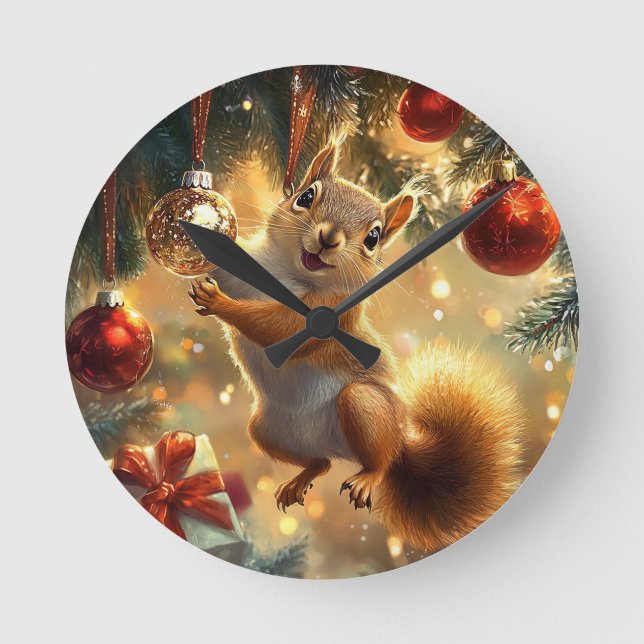 Happy squirrel in Christmas tree Round Clock (Front)