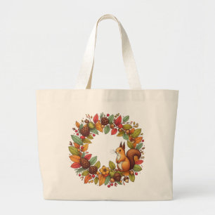Happy Squirrel in leaves of autumn Large Tote Bag